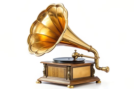 Golden gramophone isolated on white with clipping path included at eye level, vinyl, retro, music, audio, golden gramophone, clipping path, golden, old, isolated, sound, musical photo