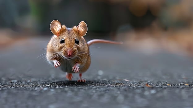 A small mouse runs across a gravel path, its eyes focused on the task at hand photo