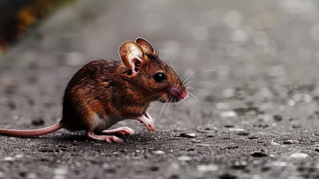 A small, brown mouse with large ears explores a textured concrete path photo