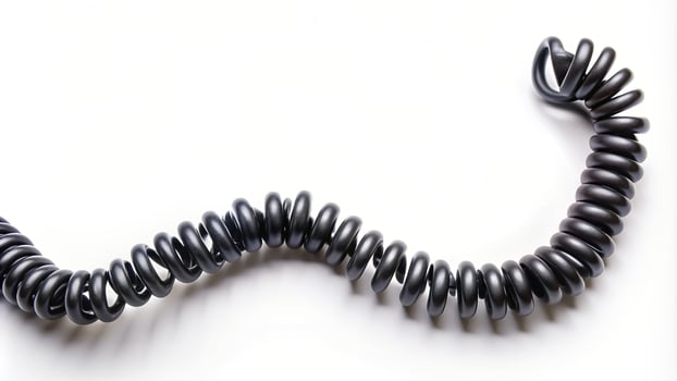 retro, black, coil, telecom, curly,telephone cord, wire, abstract, isolated, phone, minimalist, cord, white background, connection, Black spiral telephone cord on white background photo