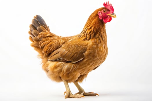 A close up studio shot of a brown hen standing alone on a white background, isolated, beak, poultry, nature, feather, studio shot, animal, birdwatching, rural, farm animal, wings photo