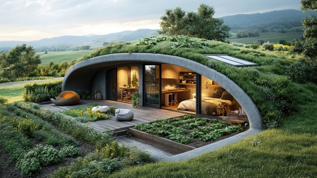 Modern earthen house with green roof blending with nature photo