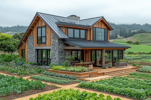 Modern wooden farmhouse with black metal roof nestled in countryside photo