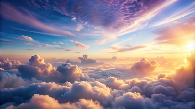 A soft pastel cloudscape with a calming and dreamlike ambience captured from a high angle perspective, softness, peaceful, serenity, cloudscape, aerial view,soft, scenic, tranquility photo