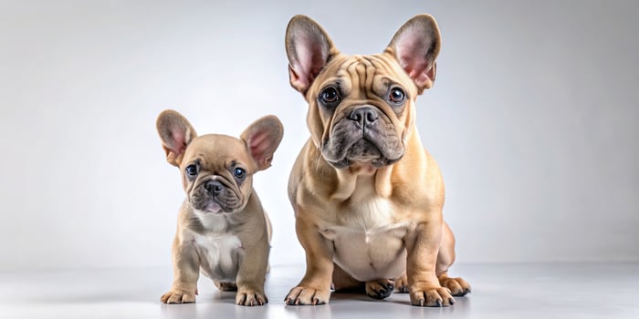 cheerful, love, vertical, adorable, puppy, French Bulldog, A tilted angle stock photo featuring a blue and tan French Bulldog puppy standing beside its mother on an isolated background