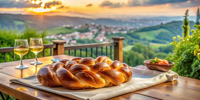 cuisine, baked, braided, traditional, shabbat, festive, holiday,fresh, panoramic, Sabbath, golden, table, Fresh homemade single one challah bread on table for shabbat dinner Panoramic photo