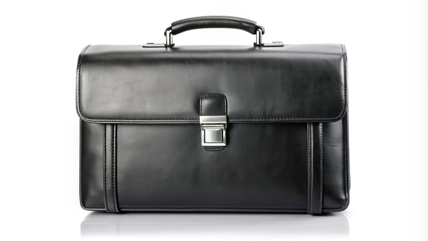 sleek, briefcase, professional, organization, masculine, leading lines, office, accessories, work, A black leather briefcase is placed on a white background creating a strong visual impact photo