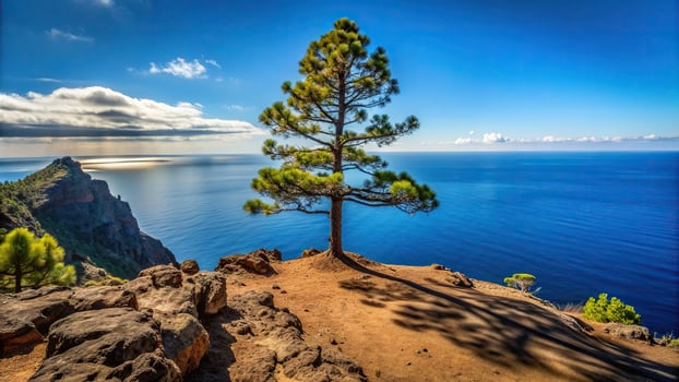 Pine tree silhouette standing tall on the volcanic coast of Gran Canaria casting a striking shadow over the rugged landscape, silhouette, shadow, Gran Canaria, volcanic coast photo