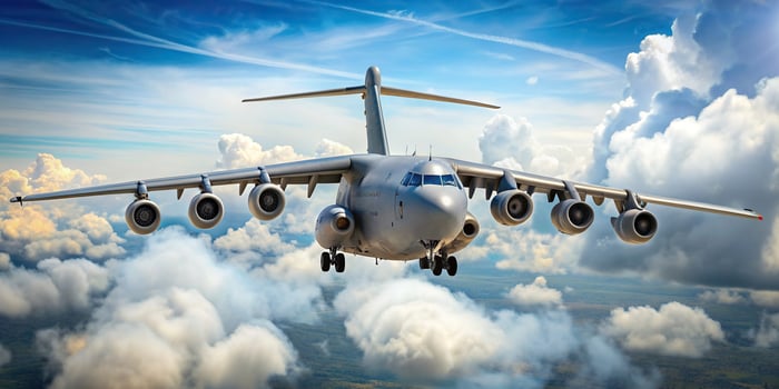 strategic, navy, aerial, reliable, transport, cargo, sturdy, mission-ready, aircraft, aircraft industry, A military transport aircraft with a white background flying in the sky photo