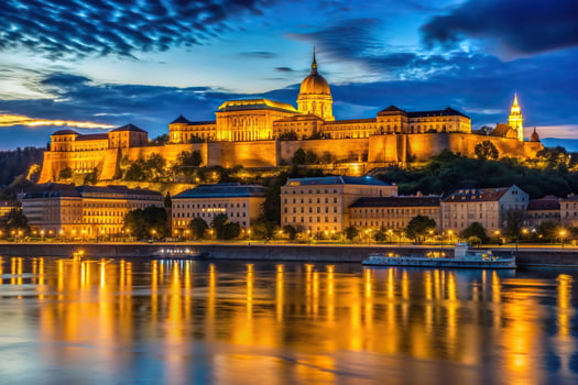 evening, breathtaking, historical,Budapest, Budapest s iconic Royal Castle stands illuminated against the night sky creating a breathtaking silhouette over the picturesque river photo