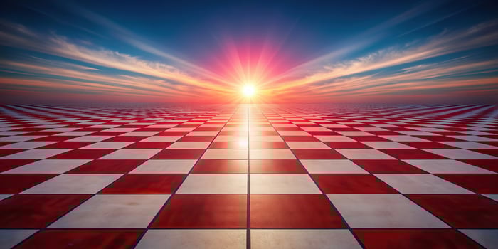 contemporary, graphic, red sun, vibrant, artistic, stock photo, A visually striking stock photo featuring a checkered floor with a red sun in the background captured at a tilted angle
