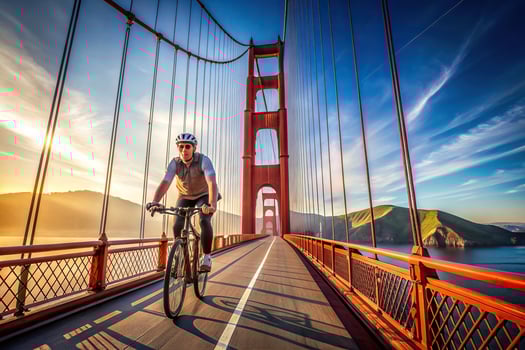iconic landmark, California, leisure, cyclist, Golden Gate Bridge, outdoor, Cyclist riding a bicycle on the Golden Gate Bridge in San Francisco USA as seen from a worm s eye view photo