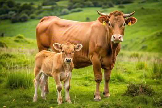 Brown cow and calf suckling in the meadow High Angle, nurturance, mammal, rural, harmony, serene, livestock, nature, animal, farm, meadow, green, domestic, high angle, grass, countryside photo