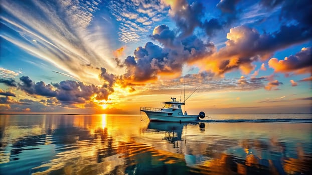 A mesmerizing sky paints a stunning backdrop for the Fishfinder charter fishing boat sailing through the calm bay capturing the beauty of the setting with its impressive depth of field photo