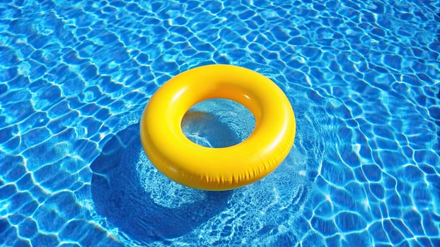 Bright yellow inflatable ring floating in a vibrant blue pool, bird's eye view, sunny, recreation, toy, play, relaxation, vacation, bright yellow, floating, vibrant blue, relaxation, outdoor photo