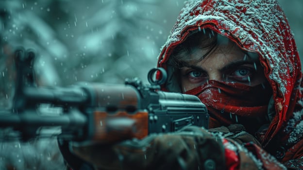 A soldier in a red hooded jacket, holding a rifle, stares intently through falling snow photo