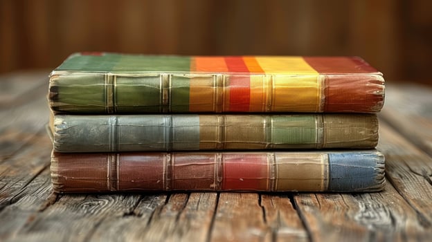 A stack of worn, colorful, vintage books sit on a weathered wooden surface photo