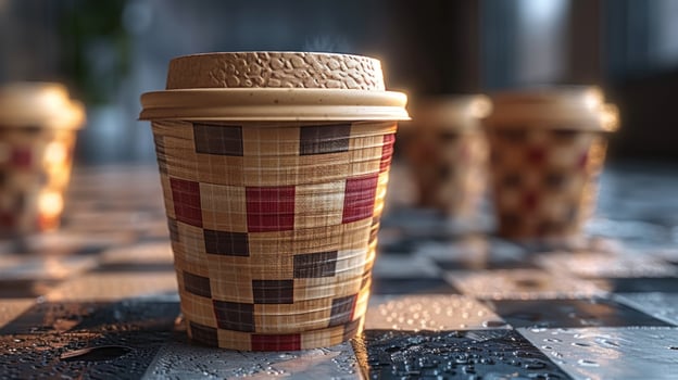 A single coffee cup sits on a checkered surface, surrounded by rain droplets photo