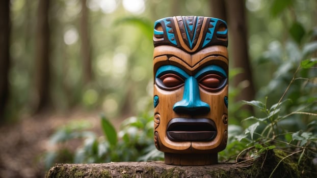 Wooden totem idol head of god tiki mask in forest on blurred background. photo