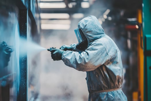 A skilled technician, wearing protective gear, applies bright industrial paint in a facility, ensuring longlasting durability and corrosion resistance for various metal components photo