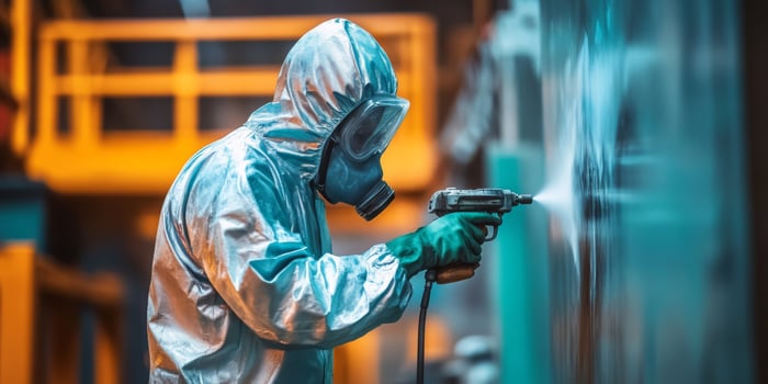 A skilled technician in protective gear carefully sprays a large surface, demonstrating the detailed painting process crucial for machinery maintenance and effective corrosion control photo
