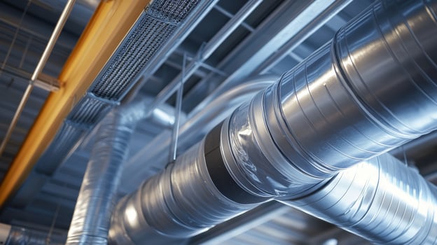 This image showcases an advanced HVAC system that features metallic ducts and pipes, which are critical components for ensuring optimal heating and cooling performance in various industrial settings photo