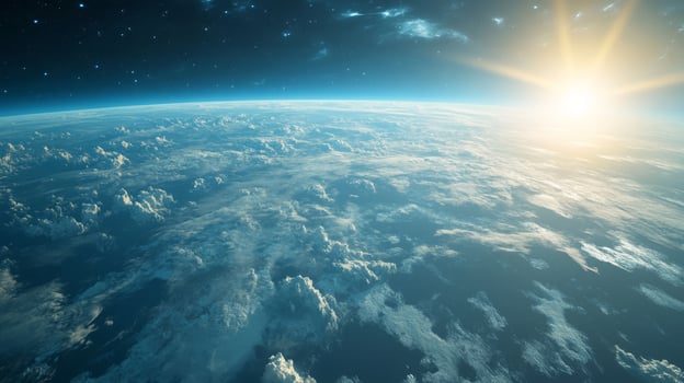 Witness a breathtaking aerial view of our beautiful Earth adorned with fluffy clouds and a stunning glowing sunrise photo