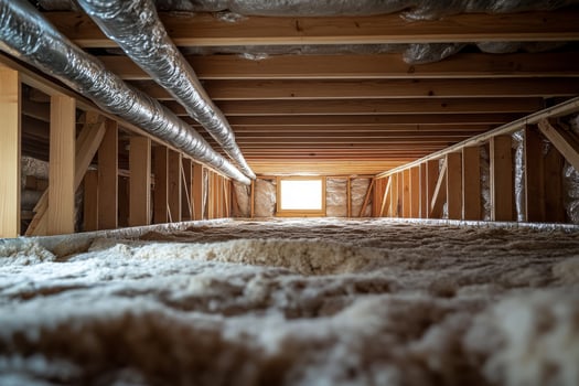 The image shows a homes crawl space, highlighting crucial elements like beams, insulation, and plumbing that reveal the hidden infrastructure essential for construction and maintenance photo