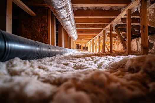 This closeup view of a crawl space highlights essential plumbing systems, insulation materials, and sturdy beams, showcasing the hidden infrastructure vital to home design and construction photo
