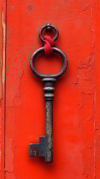 A key is hanging from a red door. The key is old and rusty. The red door is worn and has a lot of scratches photo