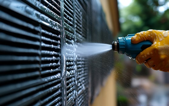 A person is spraying water on a wall. The wall is covered in black tiles. The person is wearing a yellow glove photo
