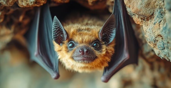 A bat is hanging upside down from a rock. The bat has a brown and black color photo