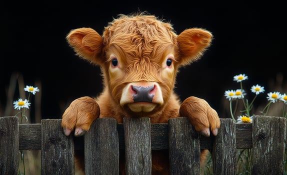 A baby cow is standing in front of a wooden fence. The fence is wooden and has a few flowers growing around it. The cow is looking at the camera, and the scene has a peaceful and calm mood photo