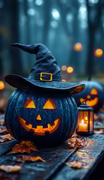 A pumpkin with a black hat on top and a smiley face carved into it. The pumpkin is surrounded by leaves and candles photo