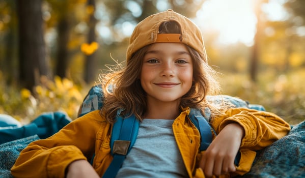 A young girl is sitting in the grass with a yellow hat on and a backpack next to her. She is smiling and looking at the camera photo
