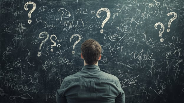 A determined man stands before a large blackboard that is completely filled with a myriad of questions and scribbles, deeply contemplating the essential elements necessary for his business strategy photo