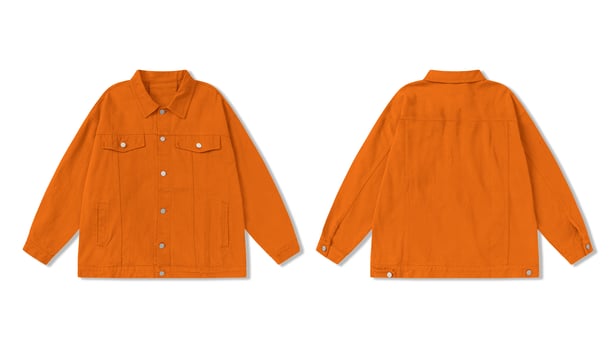 Orange denim jacket shown front and back. photo