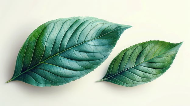 Two leaves, one larger than the other, sit on a plain white background photo