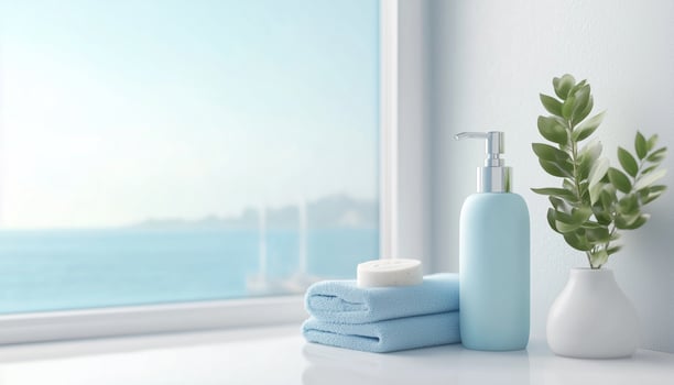 Soap spa, towel, bottle liquid in table and glass window, blue color tone, cleansing beauty treatment photo