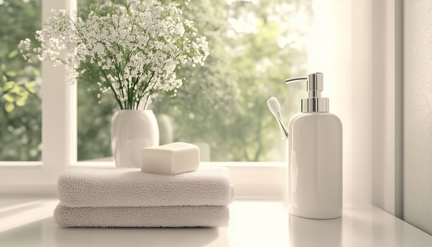 Soap spa, towel, bottle liquid in table and glass window, white color tone, cleansing beauty treatment photo
