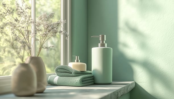 Soap spa, towel, bottle liquid in table and glass window, green color tone, cleansing beauty treatment photo