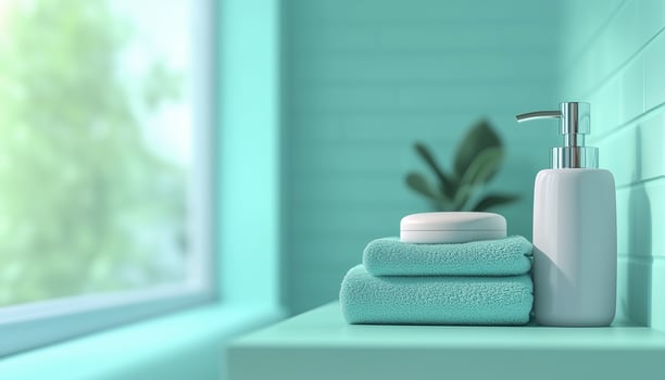 Soap spa, towel, bottle liquid in table and glass window, blue color tone, cleansing beauty treatment photo