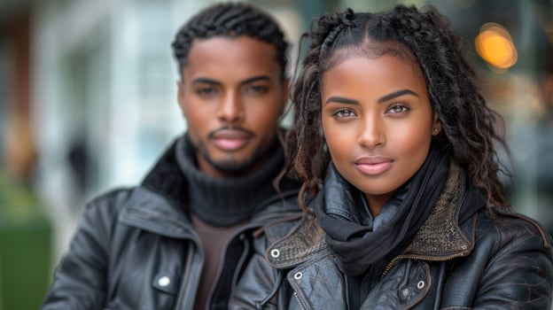 A young couple walks through a city in winter, looking stylish and confident photo