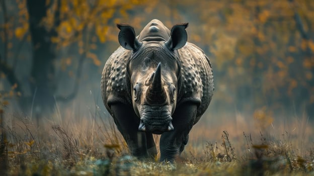 The surreal image depicts a pair of rhinos standing amidst the vibrant colors of an autumn forest. photo