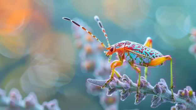 a close-up photo of a brightly colored beetle perched on the edge of a flower petal,
