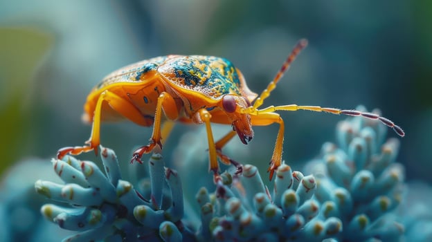 A green and yellow bug on a blue flower. photo