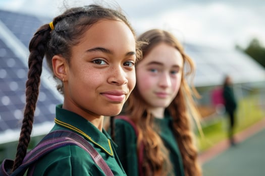 Two teenage girls wearing in modern green school uniform. Energy-independent school with solar panel photo