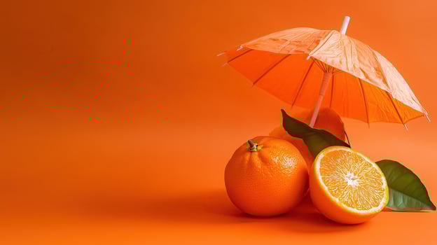 Tangerine fruit with orange umbrella on orange background photo
