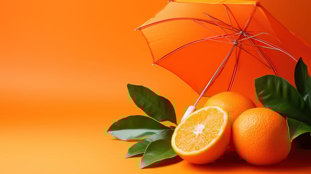 Tangerine fruit with orange umbrella on orange background photo