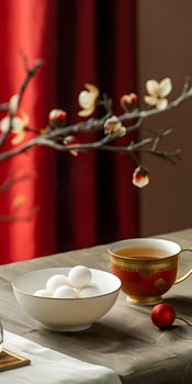 A bowl of rice balls and a cup of tea are placed on a table photo